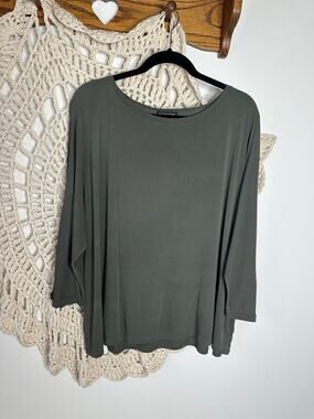 Eileen Fisher Moss Green Silk Dolman Sleeve Long Sleeve Sheer Top Medium